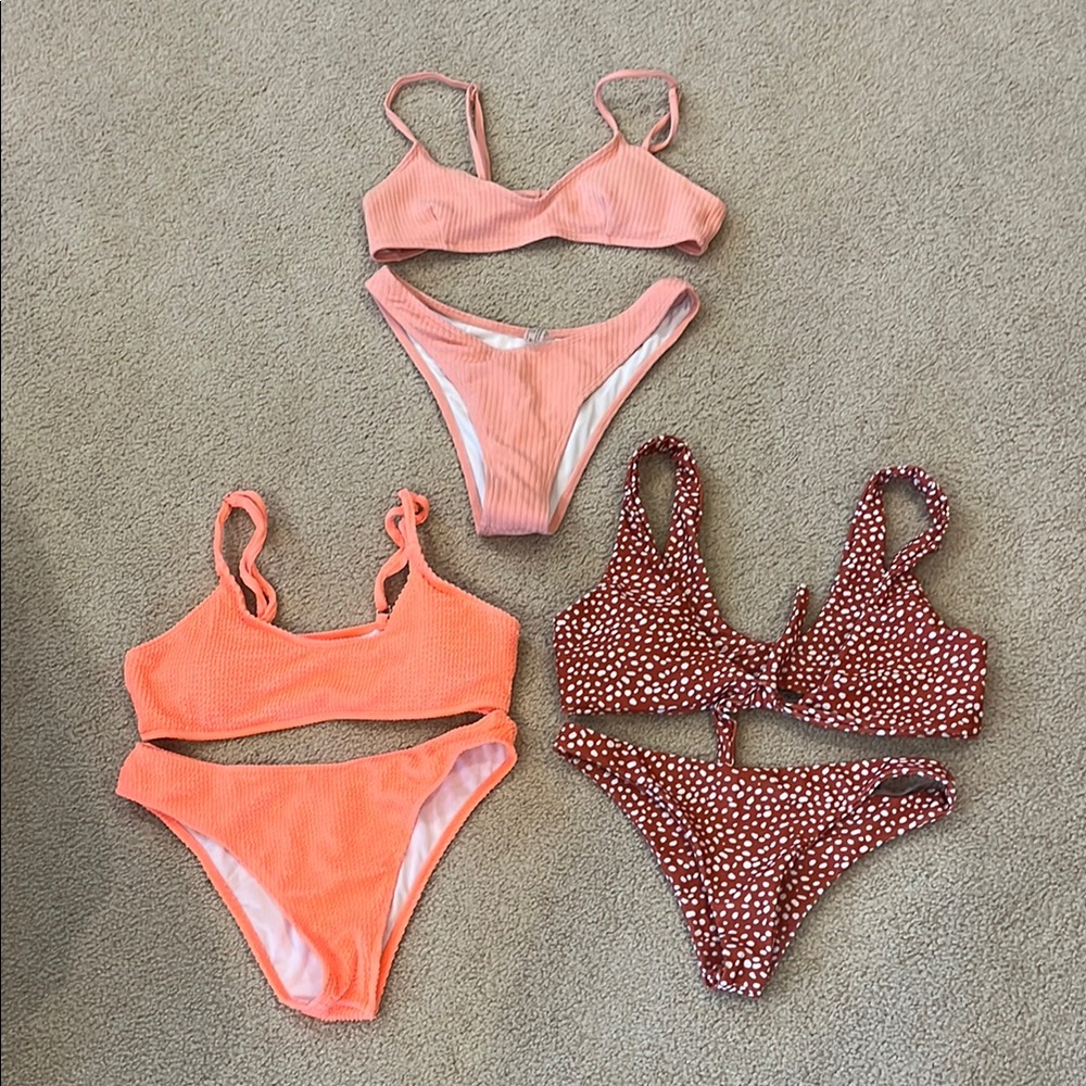 3 SHEIN Bikini Set Trio - Peach, Neon Orange, Rust bikini bundle